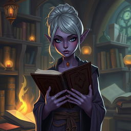 A Dark Elven librarian apprentice in a mystical library filled with ancient tomes and glowing artifacts