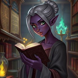 A Dark Elven librarian apprentice in a mystical library filled with ancient tomes and glowing artifacts