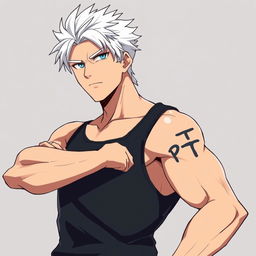 An anime-style man with white hair standing confidently