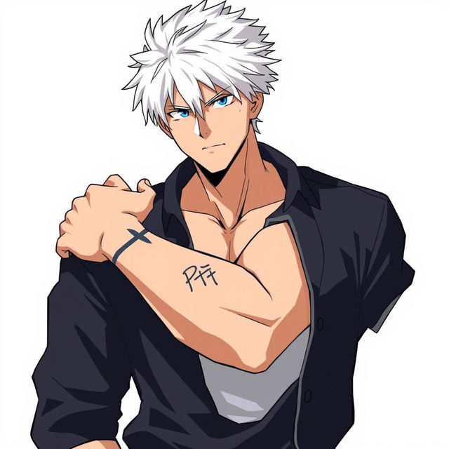 An anime-style man with white hair standing confidently