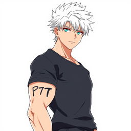 An anime-style man with white hair standing confidently