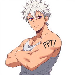An anime-style man with white hair standing confidently