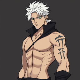 An anime-style rogue man with white hair standing confidently