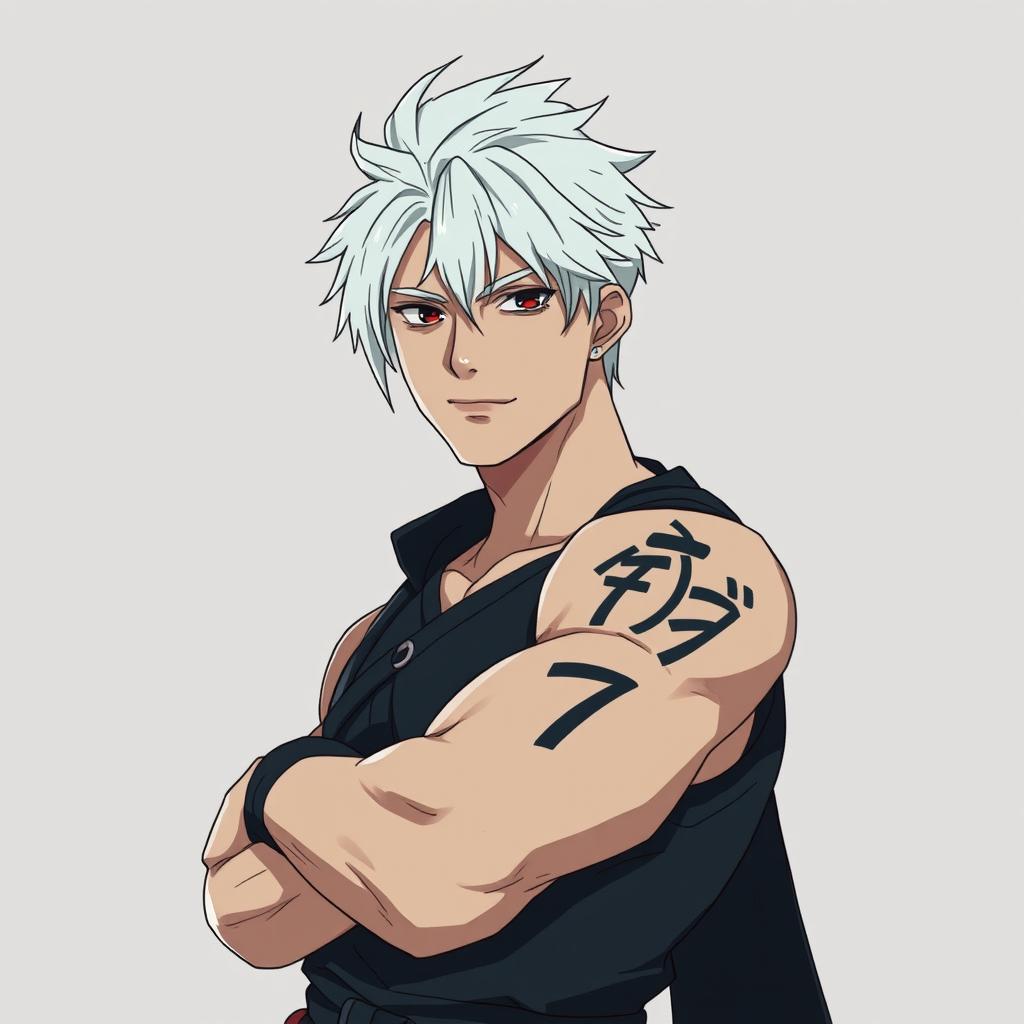 An anime-style rogue man with white hair standing confidently