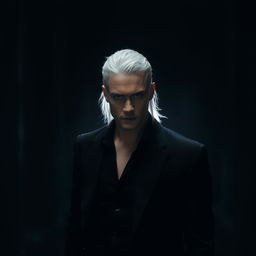 A rogue man with white hair standing confidently in a shadowy environment