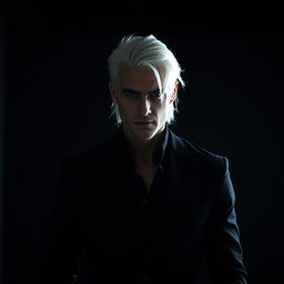 A rogue man with white hair standing confidently in a shadowy environment