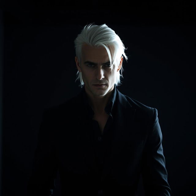 A rogue man with white hair standing confidently in a shadowy environment