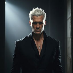 A rogue man with white hair standing confidently in a shadowy environment