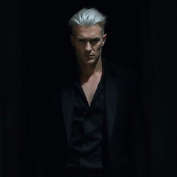 A rogue man with white hair standing confidently in a shadowy environment