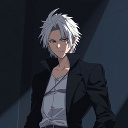 An anime-style rogue man with white hair standing confidently in a shadowy environment