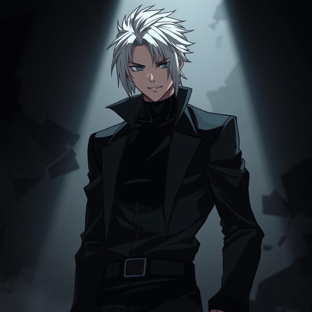 An anime-style rogue man with white hair standing confidently in a shadowy environment