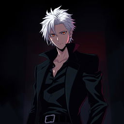 An anime-style rogue man with white hair standing confidently in a shadowy environment