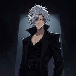 An anime-style rogue man with white hair standing confidently in a shadowy environment