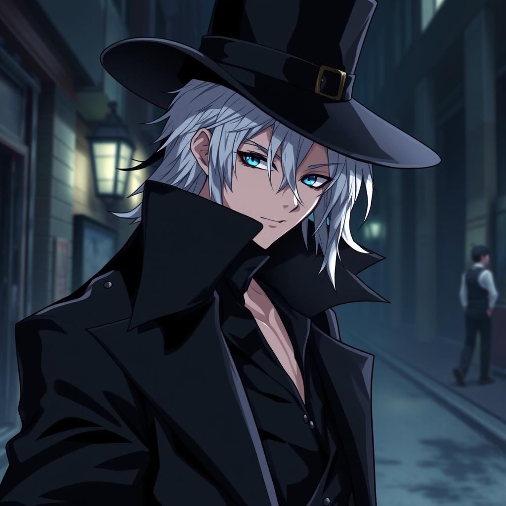 A rogue man with white hair dressed in black clothes and wearing an elegant hat, depicted in anime style