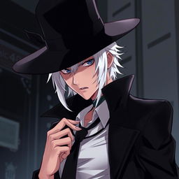 A rogue man with white hair dressed in black clothes and wearing an elegant hat, depicted in anime style