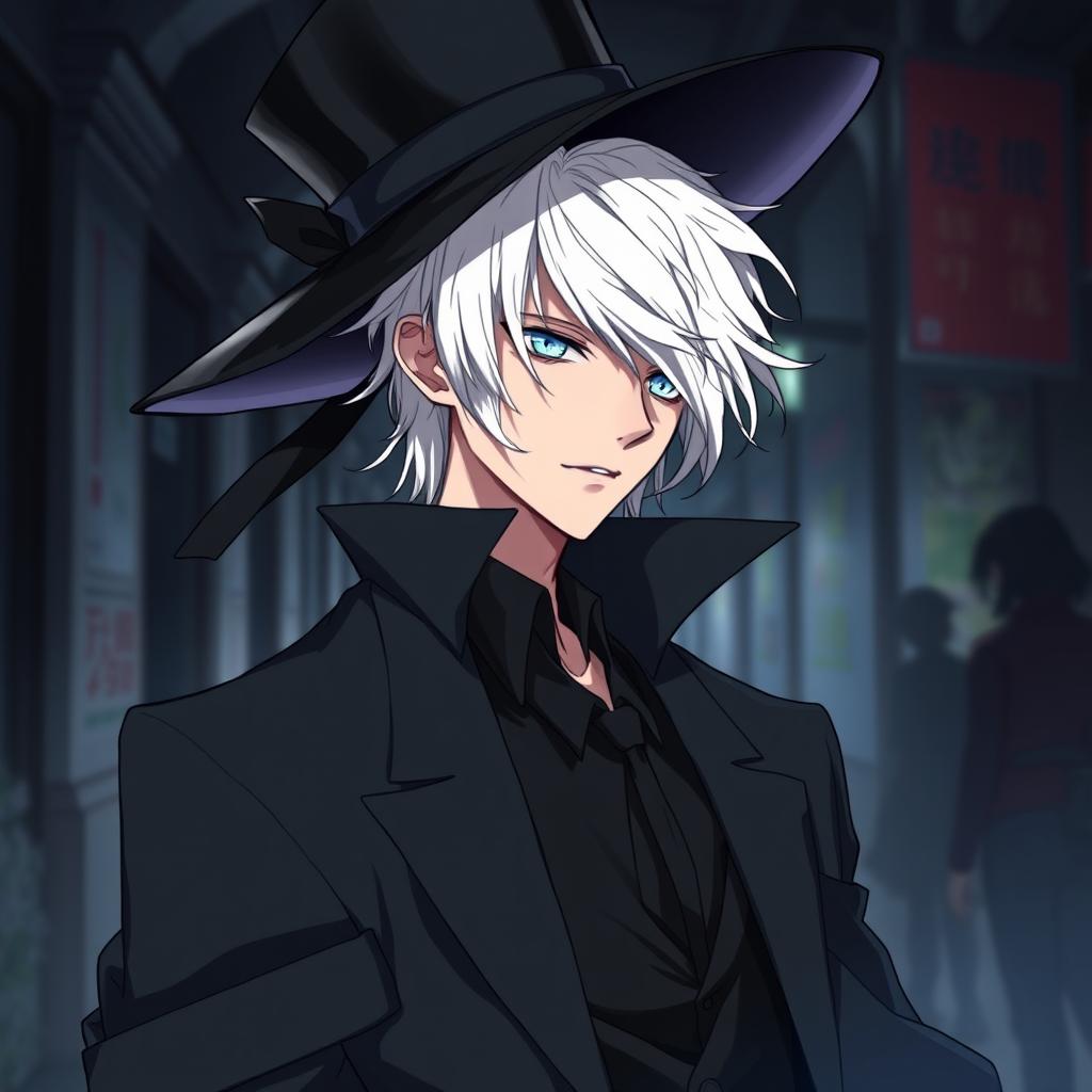 A rogue man with white hair dressed in black clothes and wearing an elegant hat, depicted in anime style