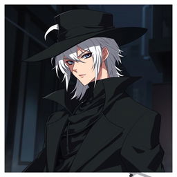 A rogue man with white hair dressed in black clothes and wearing an elegant hat, depicted in anime style