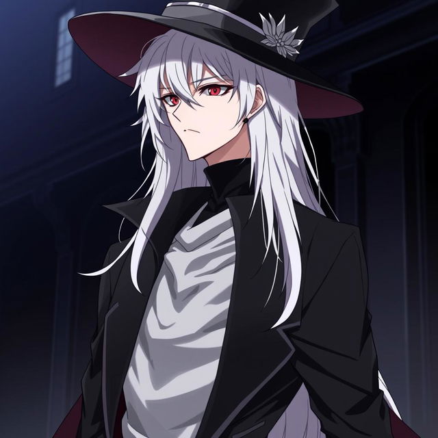 An anime-style rogue man with white hair, red eyes, and black clothes, wearing an elegant hat