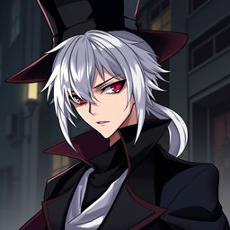 An anime-style rogue man with white hair, red eyes, and black clothes, wearing an elegant hat