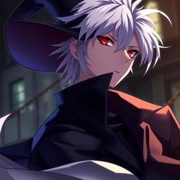 An anime-style rogue man with white hair, red eyes, and black clothes, wearing an elegant hat