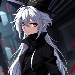 An anime-style rogue man with white hair, red eyes, and black clothes, wearing an elegant hat