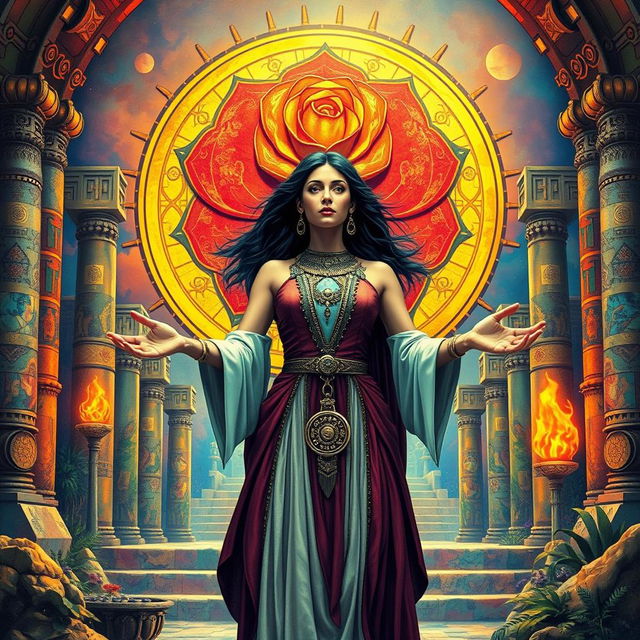 A depiction of a woman priestess in Atlantis, with her hands extended in a welcoming gesture