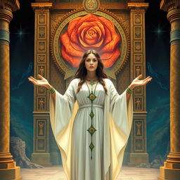 A depiction of a woman priestess in Atlantis, with her hands extended in a welcoming gesture