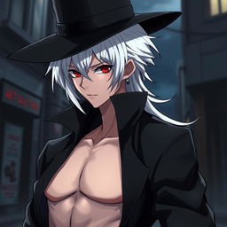 An anime-style rogue man with white hair, red eyes, and black clothes, but without a T-shirt, wearing an elegant hat