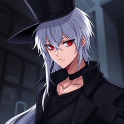 An anime-style rogue man with white hair, red eyes, and black clothes, but without a T-shirt, wearing an elegant hat