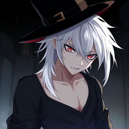 An anime-style rogue man with white hair, red eyes, and black clothes, but without a T-shirt, wearing an elegant hat