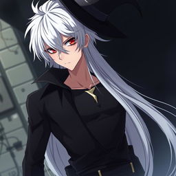 An anime-style rogue man with white hair, red eyes, and black clothes, but without a T-shirt, wearing an elegant hat