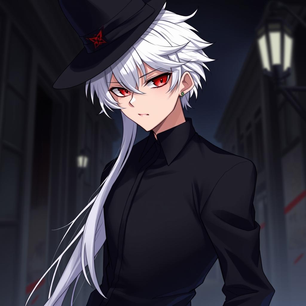 An anime-style young man with white hair, red eyes, and black clothes, wearing an elegant hat