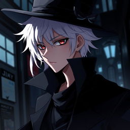 An anime-style young man with white hair, red eyes, and black clothes, wearing an elegant hat