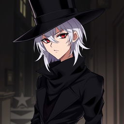 An anime-style young man with white hair, red eyes, and black clothes, wearing an elegant hat