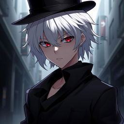 An anime-style young man with white hair, red eyes, and black clothes, wearing an elegant hat