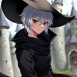 An anime-style medieval young man with white hair, red eyes, and black clothes, wearing an elegant hat