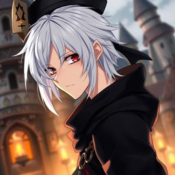 An anime-style medieval young man with white hair, red eyes, and black clothes, wearing an elegant hat