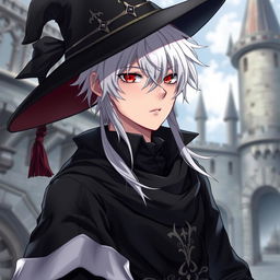 An anime-style medieval young man with white hair, red eyes, and black clothes, wearing an elegant hat