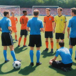 The same scene of soccer players peacefully interacting with referees on a sunny soccer field, but now rendered as a beautiful, vibrant colored pencil drawing.