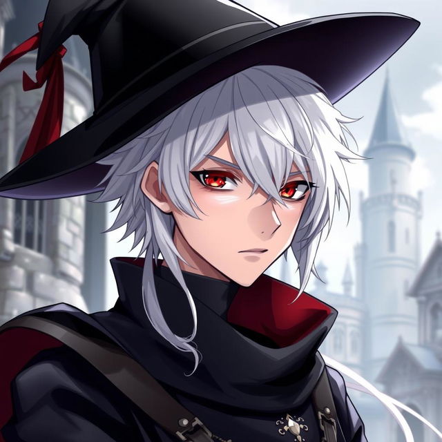 An anime-style medieval young man with white hair, red eyes, and black clothes, wearing an elegant hat