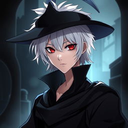 An anime-style medieval young man with white hair, red eyes, and black clothes, wearing an elegant hat