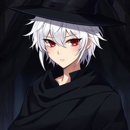 An anime-style medieval young man with white hair, red eyes, and black clothes, wearing an elegant hat