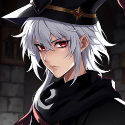 An anime-style medieval young man with white hair, red eyes, and black clothes, wearing an elegant hat