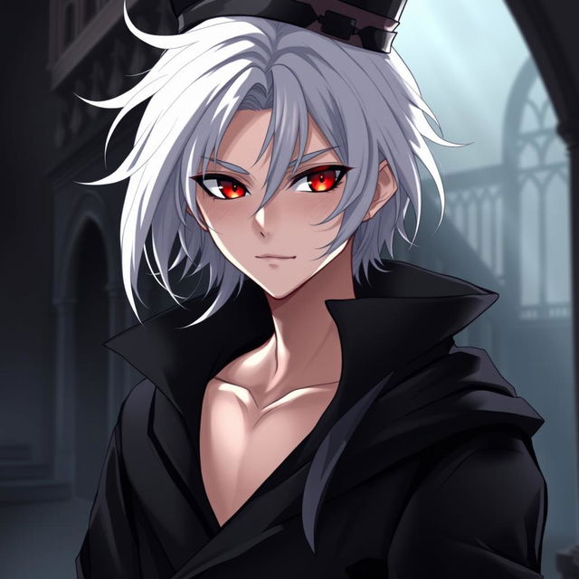 An anime-style medieval young man with white hair, red eyes, and black clothes, wearing an elegant hat