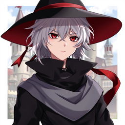 An anime-style medieval young man with white hair, red eyes, and black clothes, wearing an elegant hat