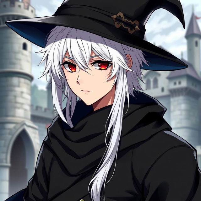 An anime-style medieval young man with white hair, red eyes, and black clothes, wearing an elegant hat