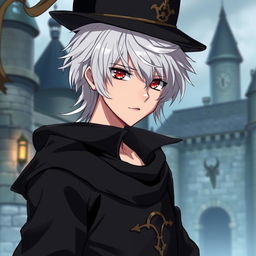 An anime-style medieval young man with white hair, red eyes, and black clothes, wearing an elegant hat