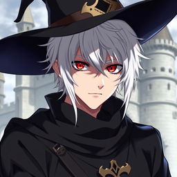 An anime-style medieval young man with white hair, red eyes, and black clothes, wearing an elegant hat