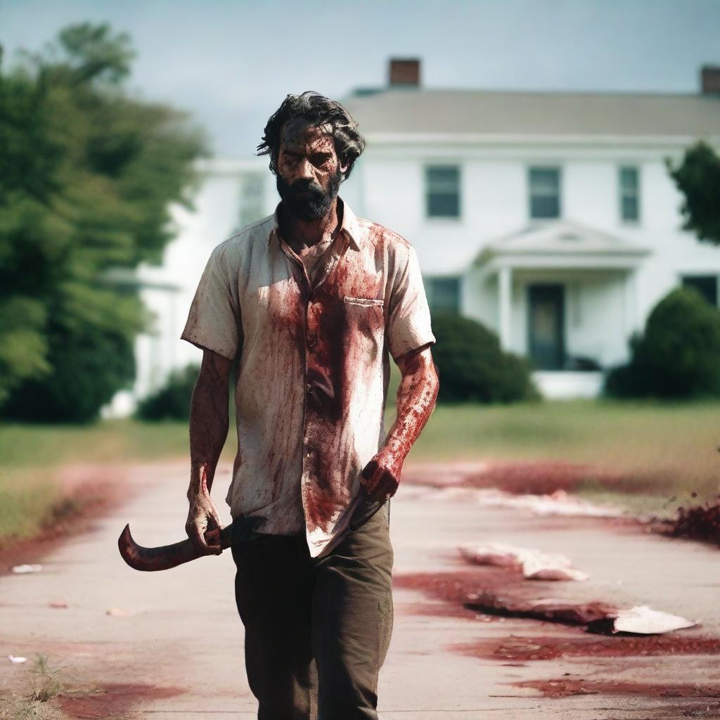 A man walking along the side of the road in summer with a bloody machete in his hand