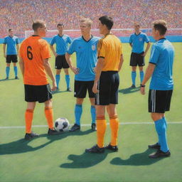 The same scene of soccer players peacefully interacting with referees on a sunny soccer field, but now rendered as a beautiful, vibrant colored pencil drawing.